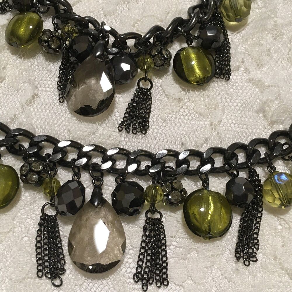 Cookie Lee Silver Tone Necklace Bracelet Set Gray Green Beaded Fringe Womens 18"